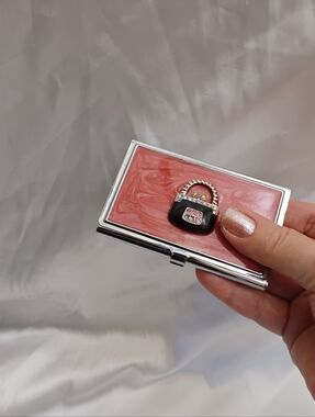 * BUSINESS CARDS CASE!!! Compact Card Case with Pink Enamel and Handbag Accent